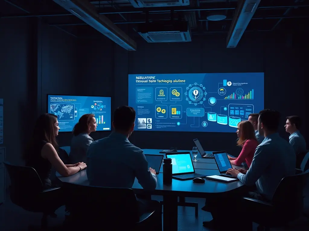 A professional image depicting a diverse team of NEBULATHINK consultants engaged in a strategic planning session, using digital tools and visual aids to map out technology solutions for a client.