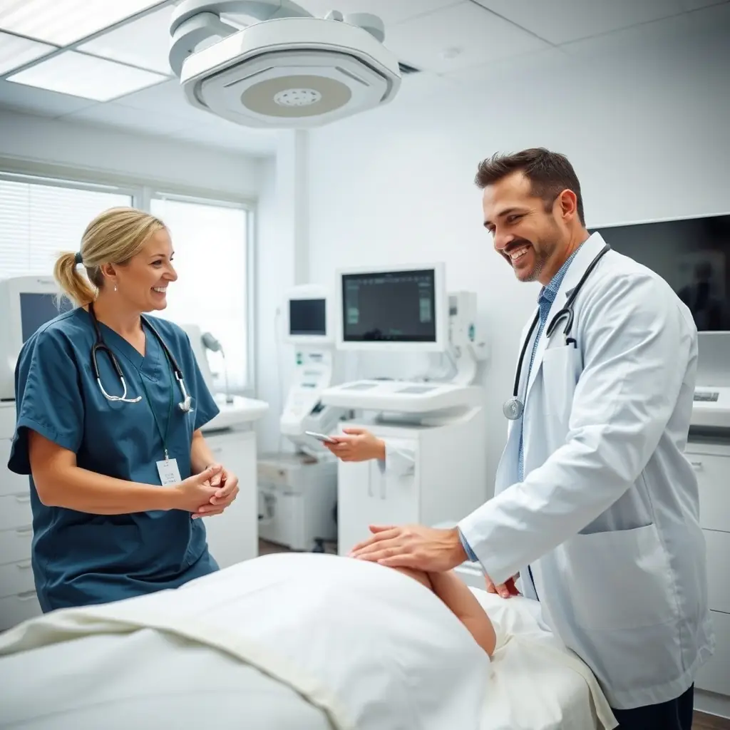 A doctor examining a patient with advanced medical equipment in a modern hospital setting, representing the healthcare industry.